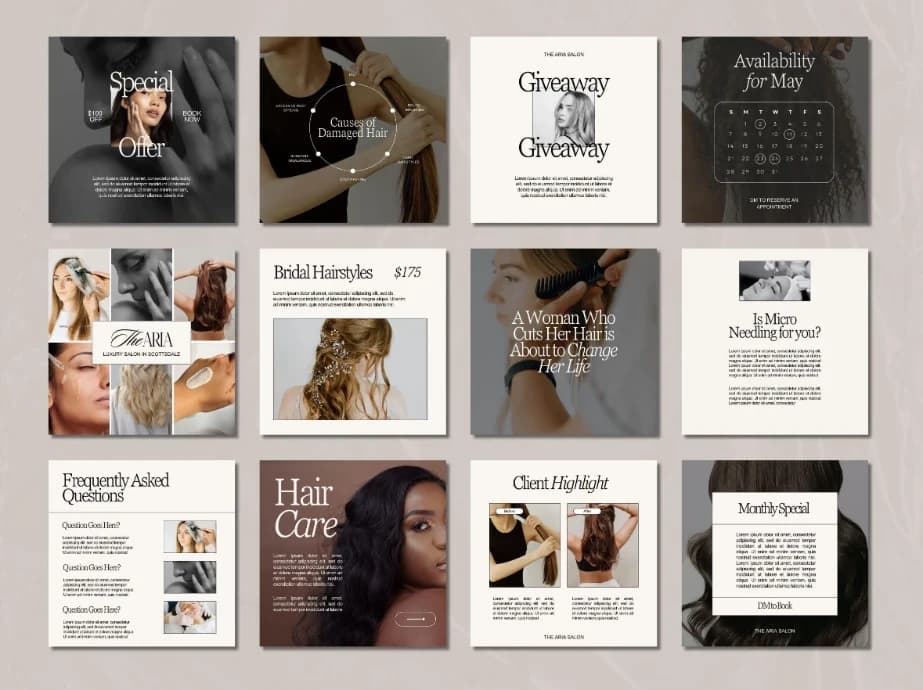 Instagram posts designed by ATORA: twelve cohesive posts in neutral tones covering offers, hair-care education, availability, FAQs and client highlights.