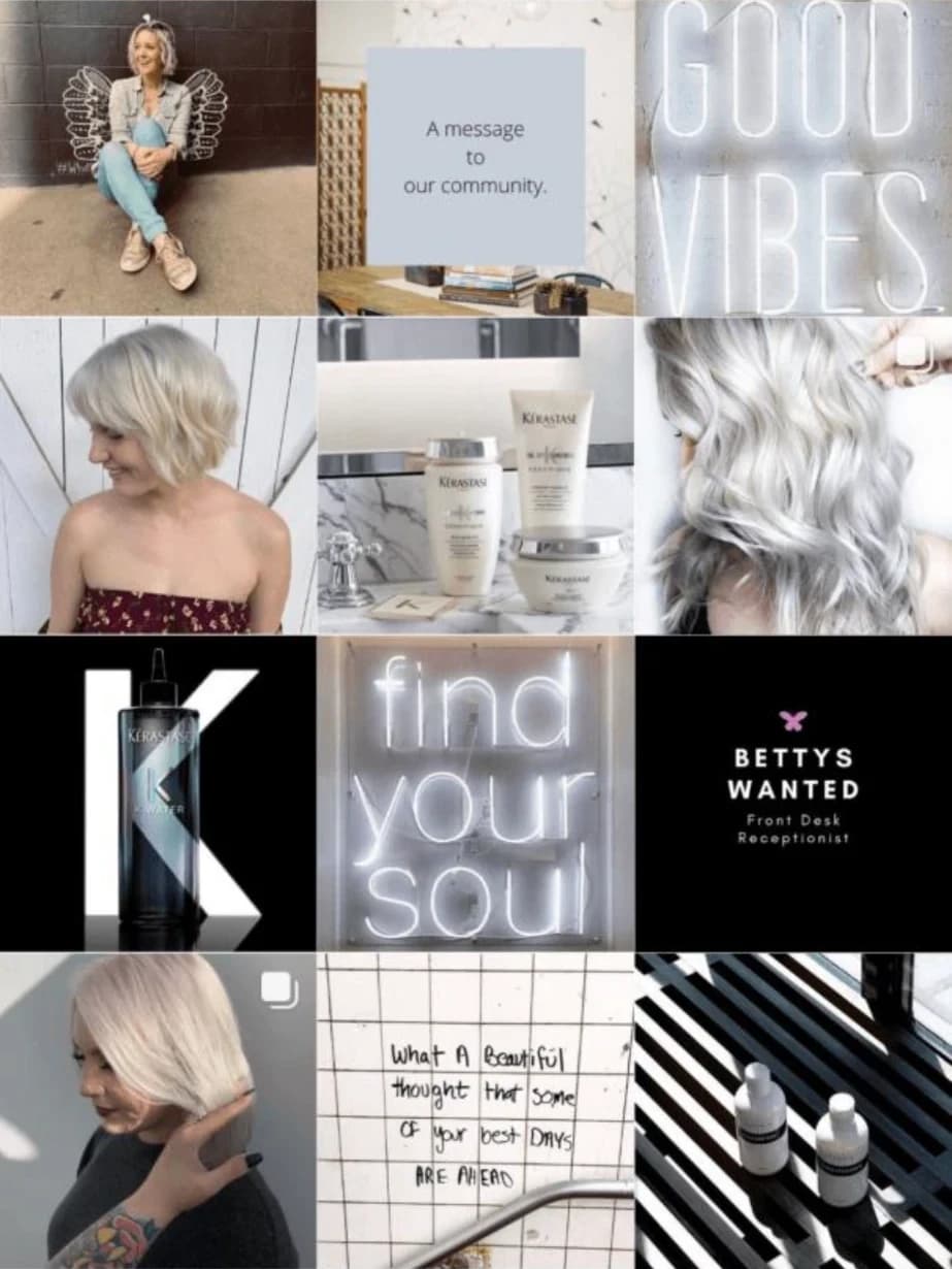 The salon's Instagram grid before ATORA: unrelated photos, neon signs, product shots and text posts with no consistent style.