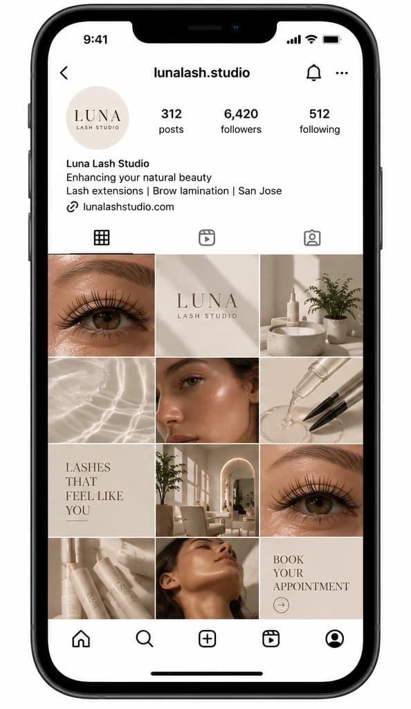 The studio's Instagram profile after ATORA: a cohesive, neutral-toned feed of lash close-ups, branded typography and a "Book your appointment" post, with a website link in the bio.