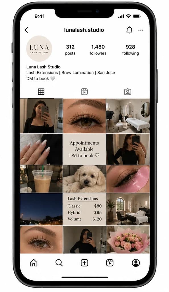 The studio's Instagram profile before ATORA: a mixed feed of selfies, personal photos and inconsistent text posts, with a basic "DM to book" bio.
