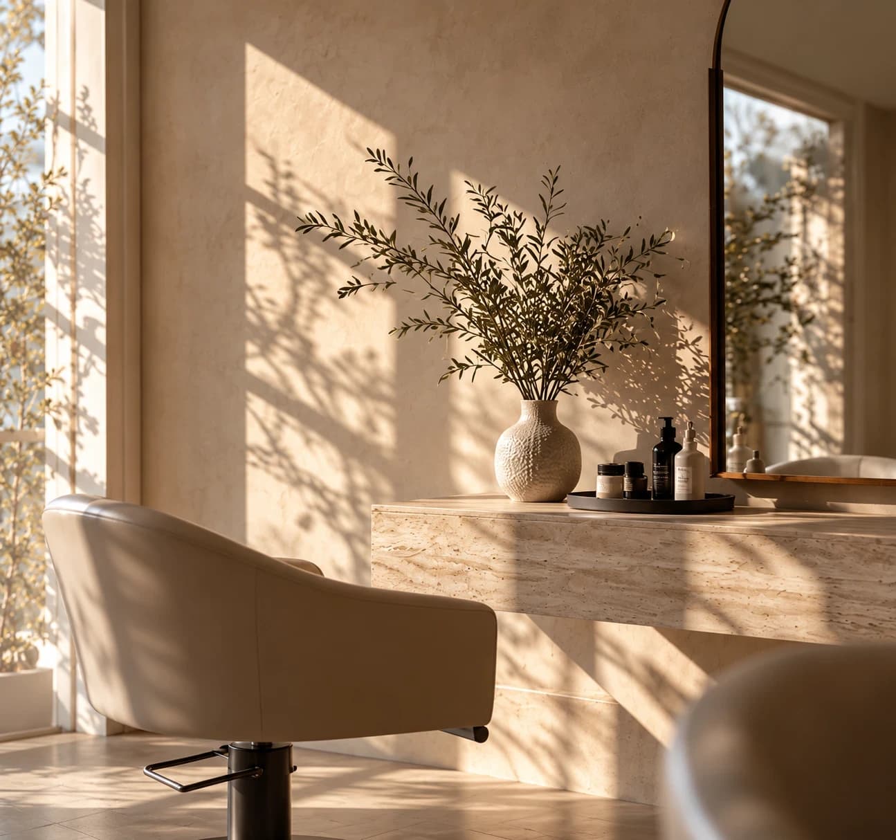 A calm salon interior in warm sunlight: a cream styling chair, travertine counter, olive branches in a vase and a tall mirror.