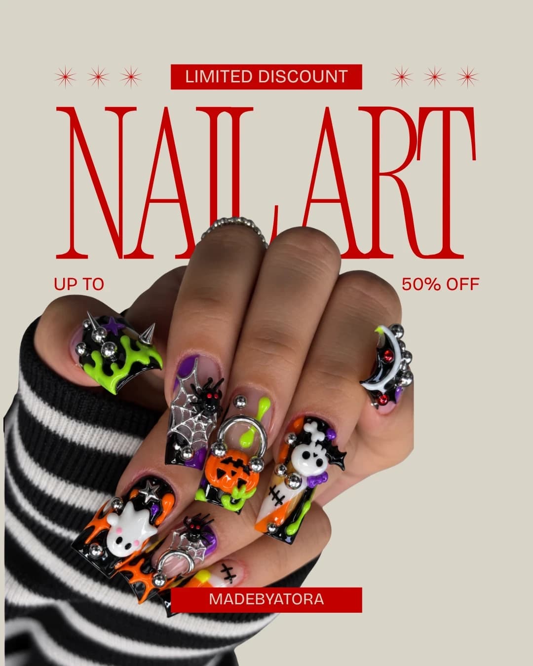 Social post designed by ATORA: a limited-discount nail art promotion with bold red typography over a hand of Halloween nail art.